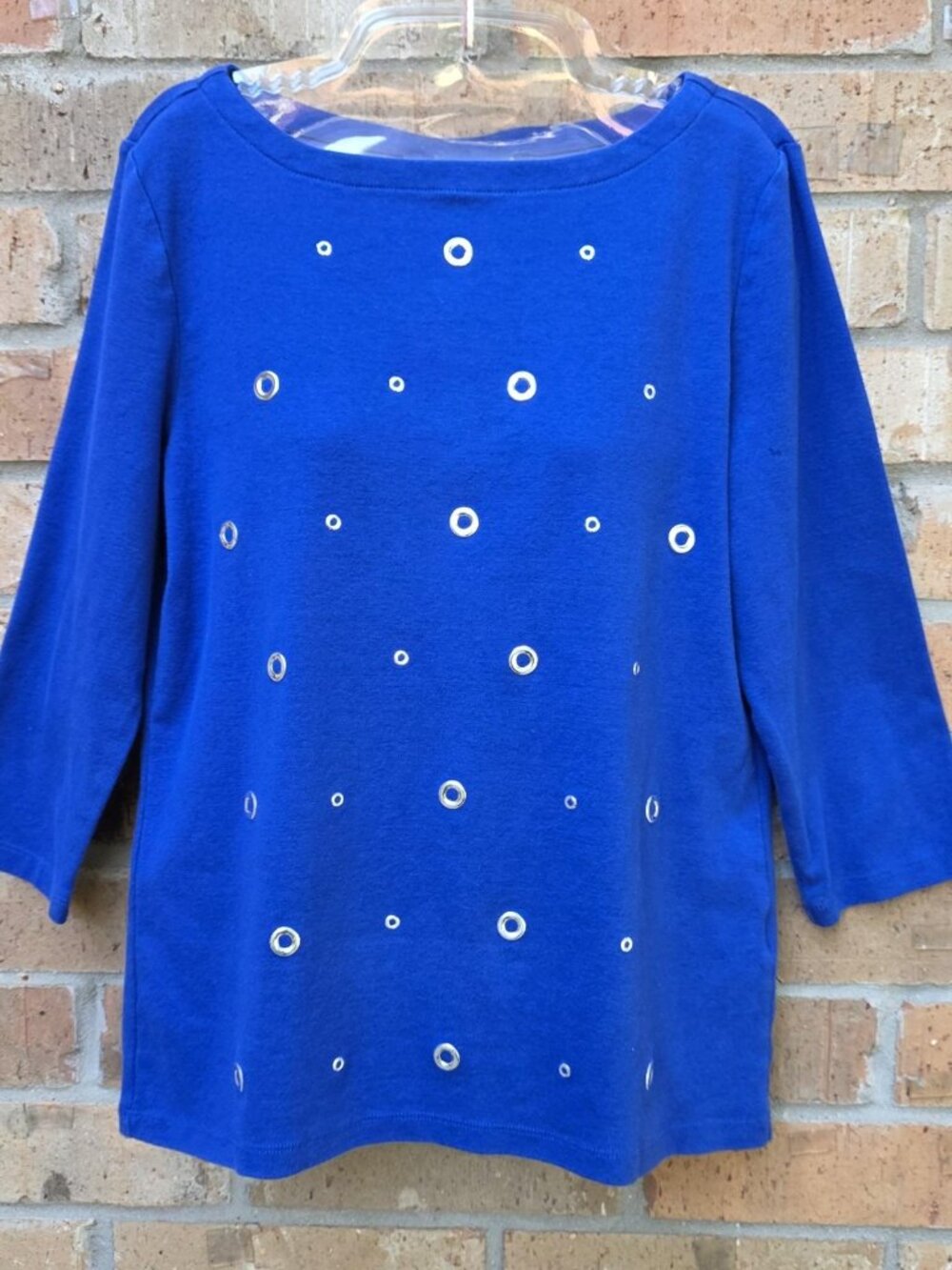 Karen Scott Womens Knit Top Blouse 3/4 Sleeves Metallic O-rings Trim Size L